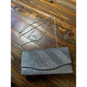Silver Metallic Evening Clutch Bag Detachable Chain Strap Pleated Formal Shimmer